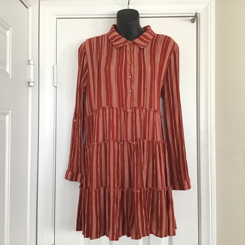 FRANCESCAS Blue Rain - Womens Swing Dress Size LG Orange Stripes Tiered BOHO